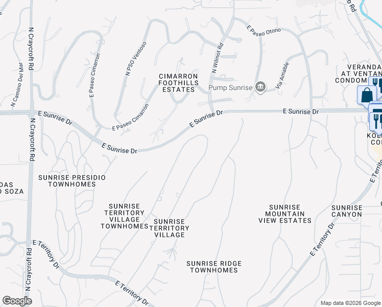 map of restaurants, bars, coffee shops, grocery stores, and more near 5420 North Apache Hills Trail in Tucson