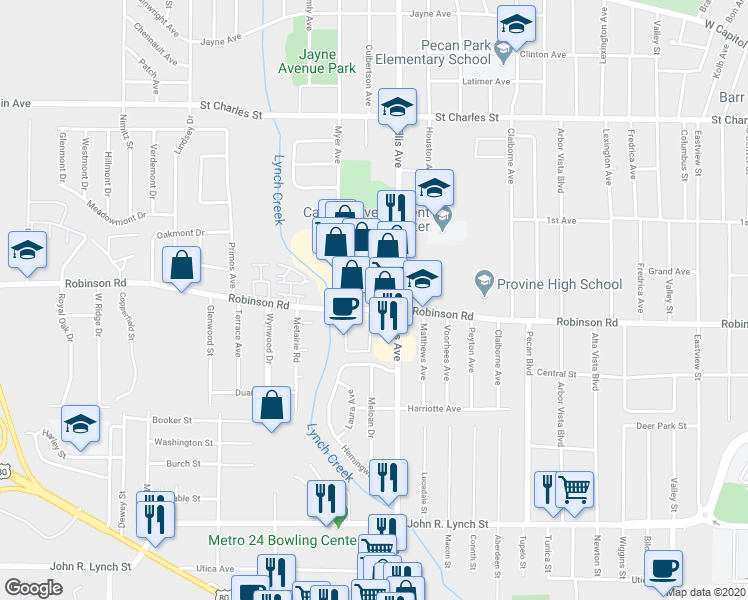 map of restaurants, bars, coffee shops, grocery stores, and more near 2530 Robinson Street in Jackson