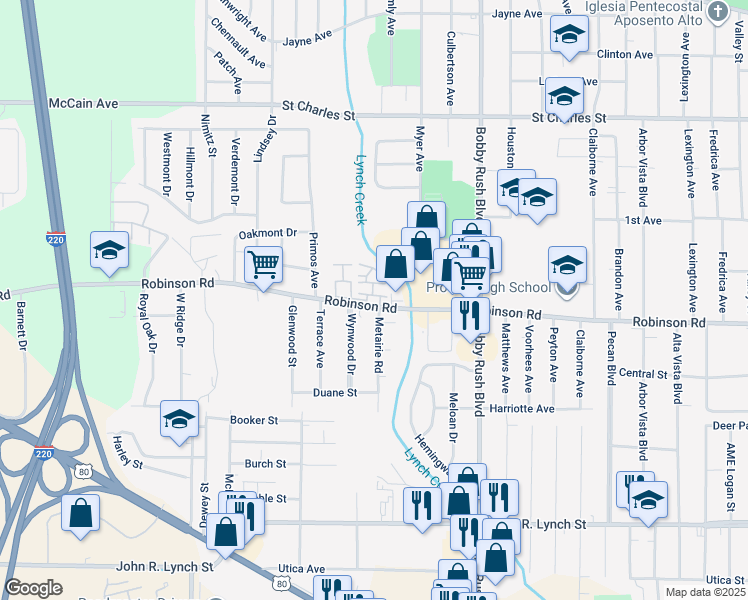 map of restaurants, bars, coffee shops, grocery stores, and more near 2840 Robinson Road in Jackson