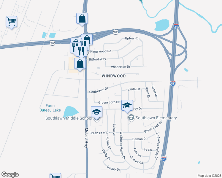 map of restaurants, bars, coffee shops, grocery stores, and more near 266 Southlawn Drive in Montgomery