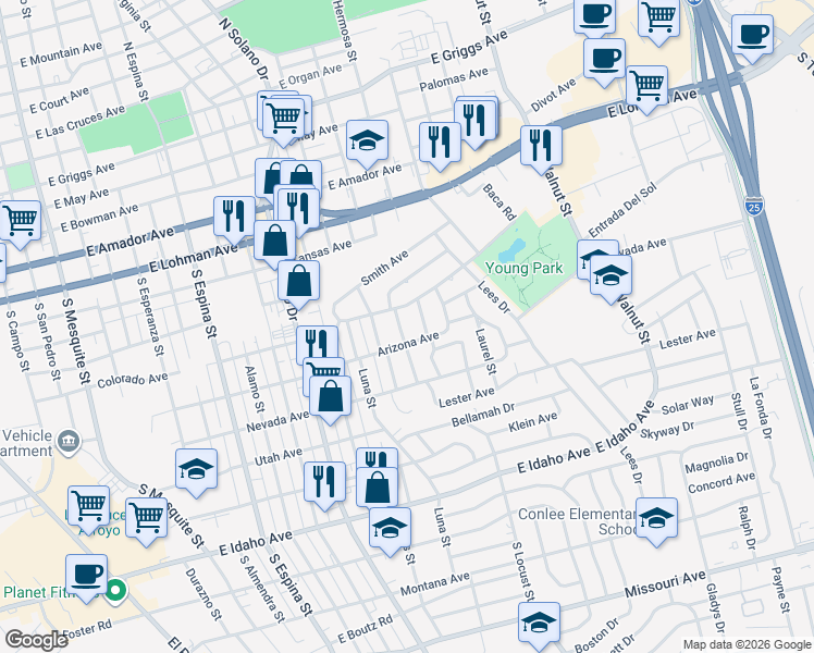 map of restaurants, bars, coffee shops, grocery stores, and more near 1771 Arizona Ave in Las Cruces
