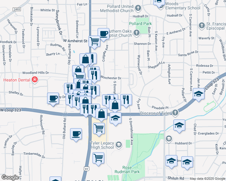 map of restaurants, bars, coffee shops, grocery stores, and more near 322 Brookwood Drive in Tyler