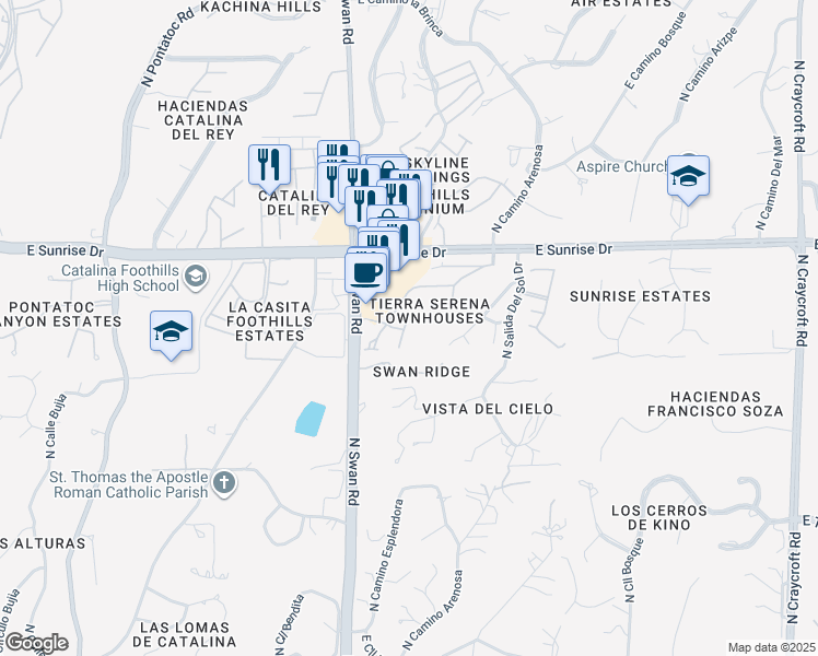 map of restaurants, bars, coffee shops, grocery stores, and more near 5460 North Arroyo Vista Drive in Tucson