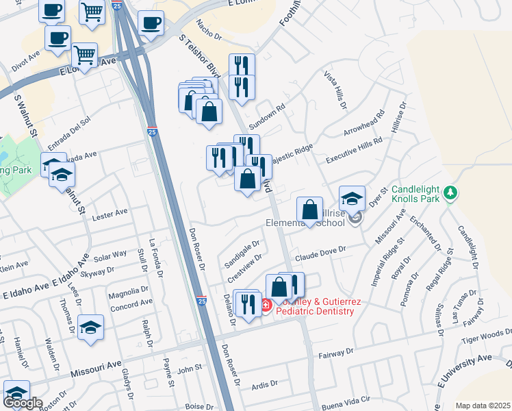 map of restaurants, bars, coffee shops, grocery stores, and more near 2803 East Idaho Avenue in Las Cruces