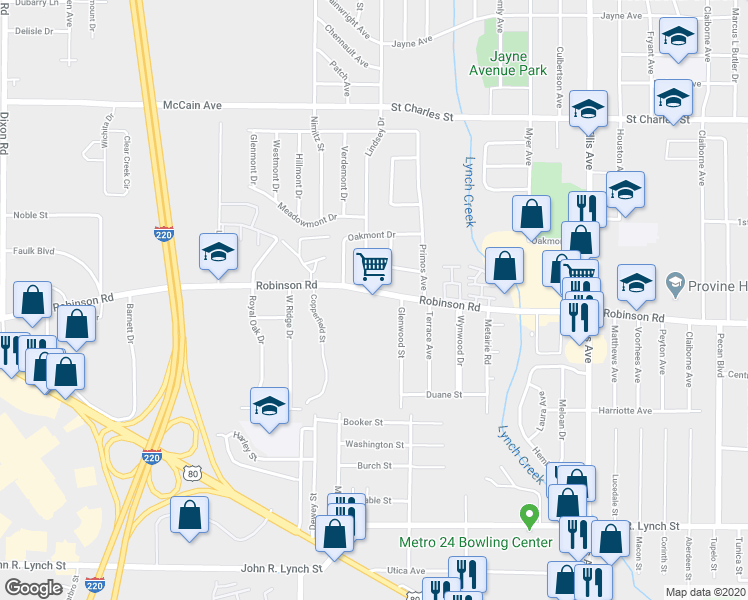 map of restaurants, bars, coffee shops, grocery stores, and more near 3165 Robinson Rd in Jackson