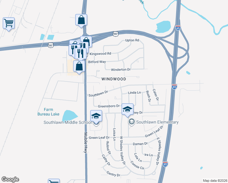map of restaurants, bars, coffee shops, grocery stores, and more near 266 Southlawn Drive in Montgomery