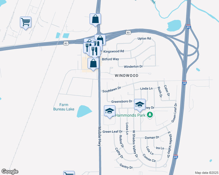 map of restaurants, bars, coffee shops, grocery stores, and more near 141-199 Southlawn Drive in Montgomery