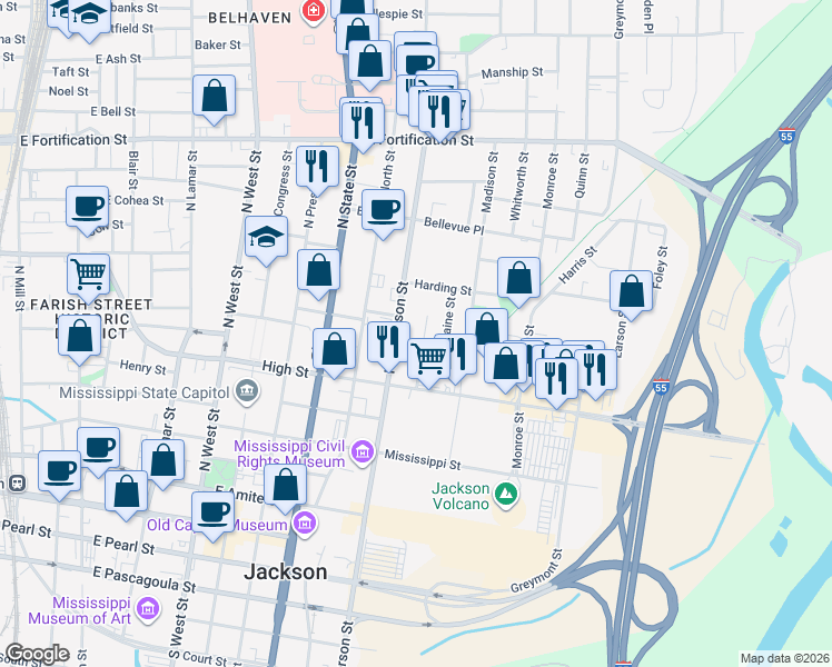 map of restaurants, bars, coffee shops, grocery stores, and more near 645 Rio Street in Jackson