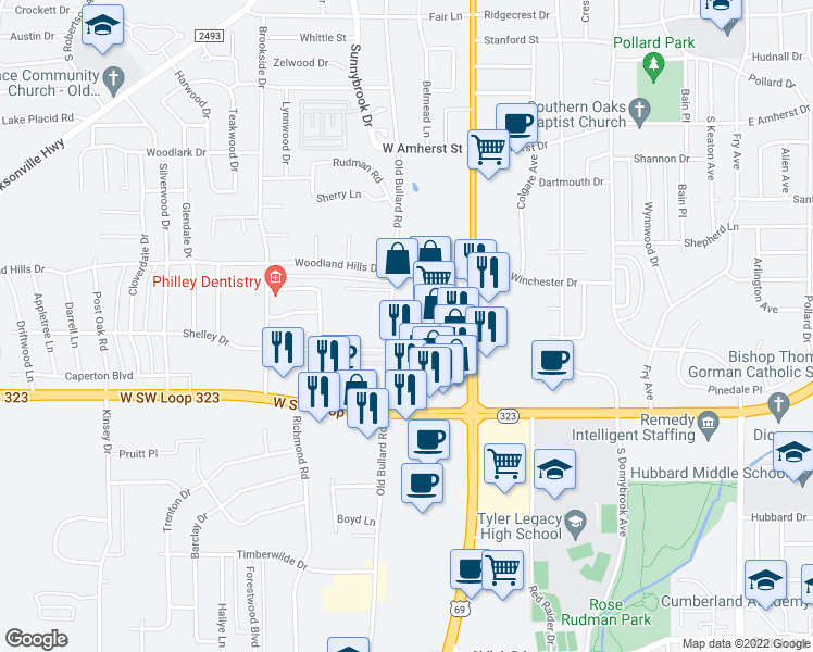 map of restaurants, bars, coffee shops, grocery stores, and more near 3900 Old Bullard Road in Tyler