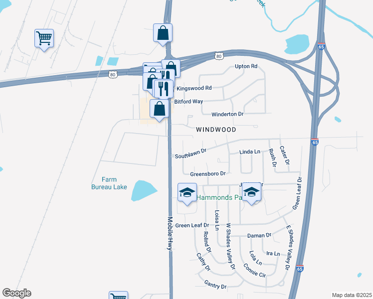 map of restaurants, bars, coffee shops, grocery stores, and more near 141-199 Southlawn Drive in Montgomery