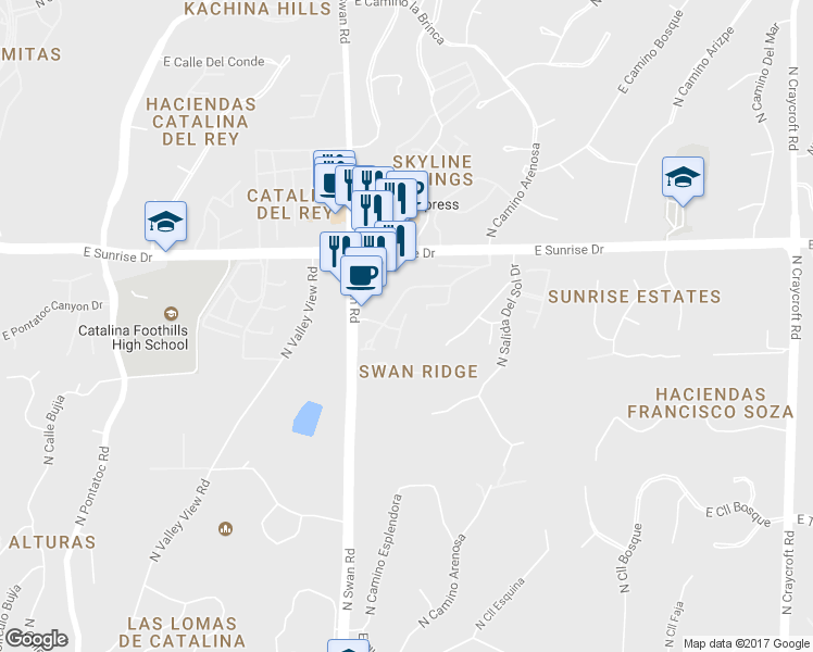 map of restaurants, bars, coffee shops, grocery stores, and more near 5472 North Arroyo Vista Drive in Tucson