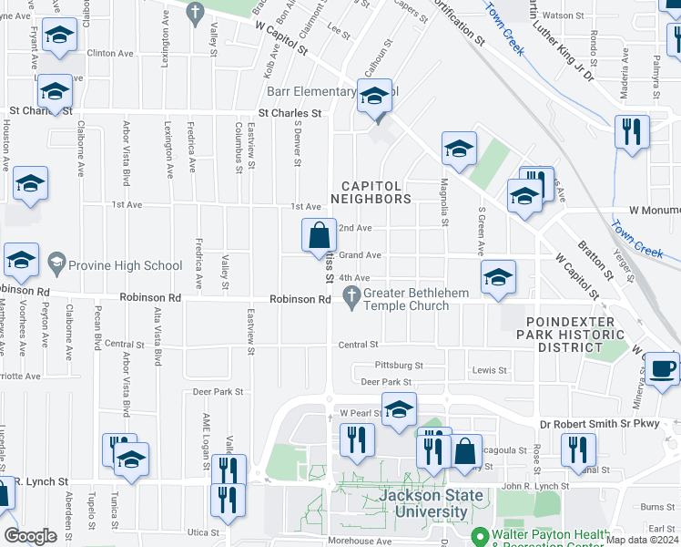 map of restaurants, bars, coffee shops, grocery stores, and more near 1624 4th Avenue in Jackson