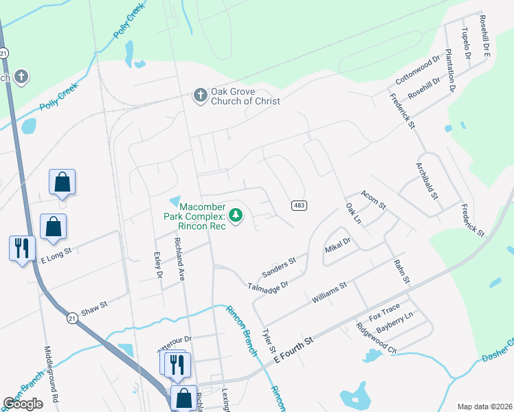 map of restaurants, bars, coffee shops, grocery stores, and more near 6a Donny Circle in Rincon