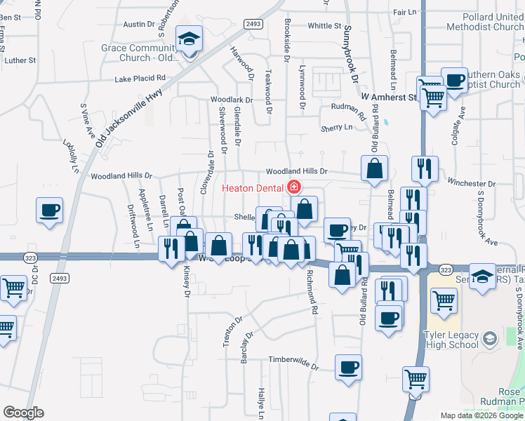map of restaurants, bars, coffee shops, grocery stores, and more near 3916 Allendale Drive in Tyler