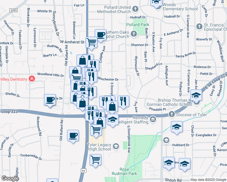 map of restaurants, bars, coffee shops, grocery stores, and more near 3906 S Donnybrook Ave in Tyler