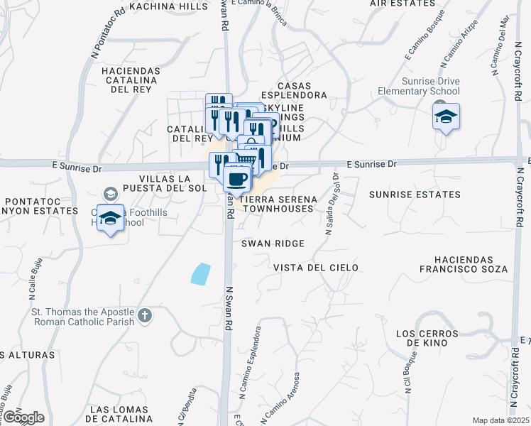 map of restaurants, bars, coffee shops, grocery stores, and more near 5472 North Arroyo Vista Drive in Tucson