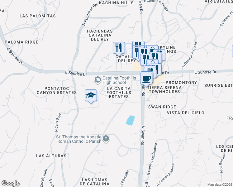 map of restaurants, bars, coffee shops, grocery stores, and more near 5444 North La Casita Drive in Tucson