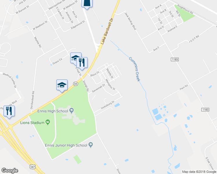 map of restaurants, bars, coffee shops, grocery stores, and more near 2105 Memphis Street in Ennis