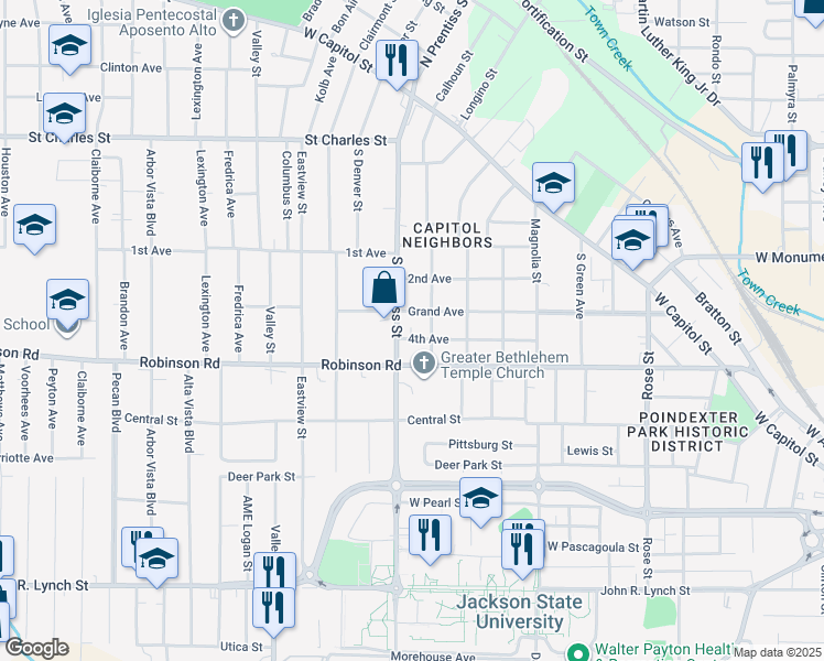 map of restaurants, bars, coffee shops, grocery stores, and more near 1605 4th Avenue in Jackson