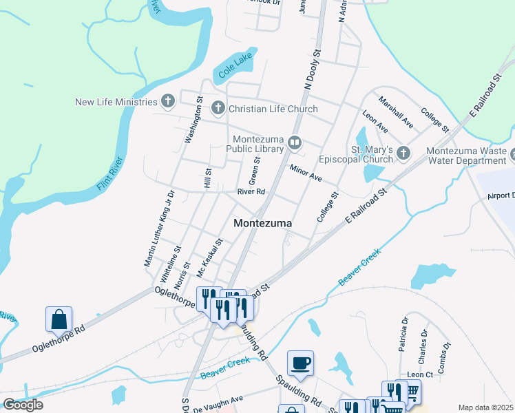 map of restaurants, bars, coffee shops, grocery stores, and more near 403 Drayton Street in Montezuma