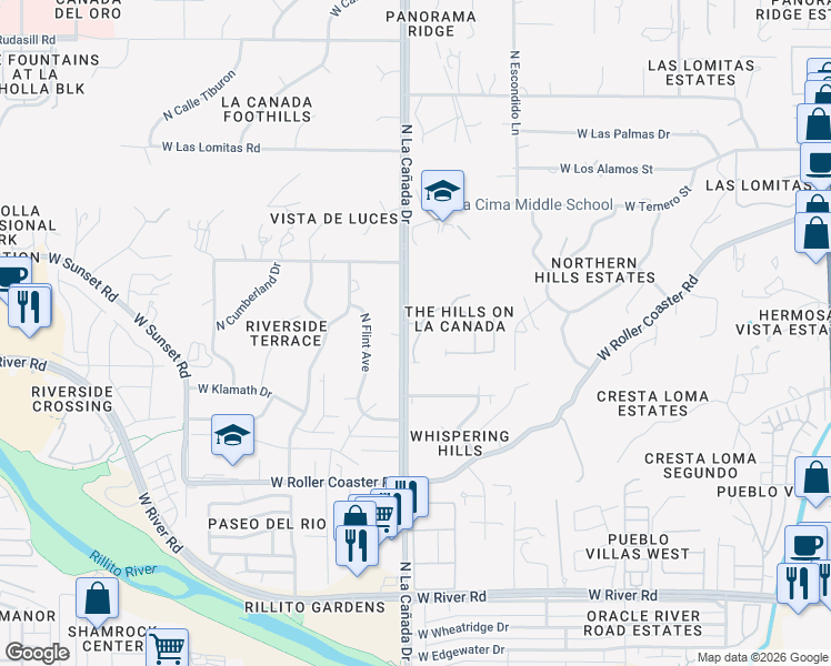 map of restaurants, bars, coffee shops, grocery stores, and more near 5405 North La Cañada Drive in Tucson