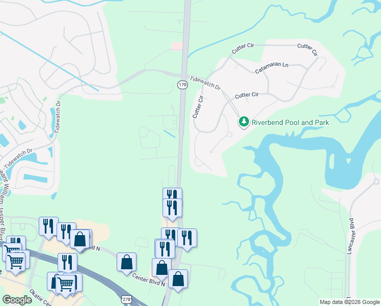 map of restaurants, bars, coffee shops, grocery stores, and more near 16 Dory Court in Bluffton