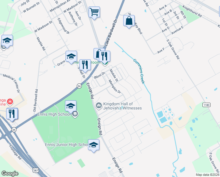 map of restaurants, bars, coffee shops, grocery stores, and more near 2108 Natchez Drive in Ennis