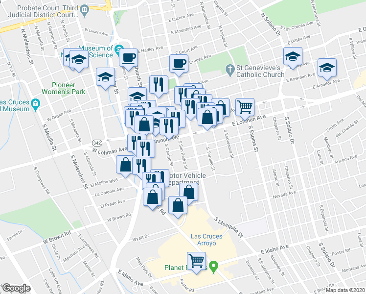 map of restaurants, bars, coffee shops, grocery stores, and more near 538 South San Pedro Street in Las Cruces