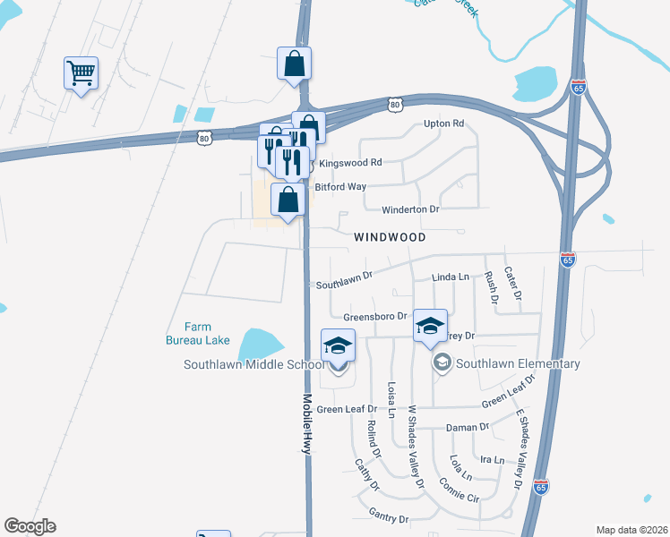 map of restaurants, bars, coffee shops, grocery stores, and more near 141-199 Southlawn Drive in Montgomery