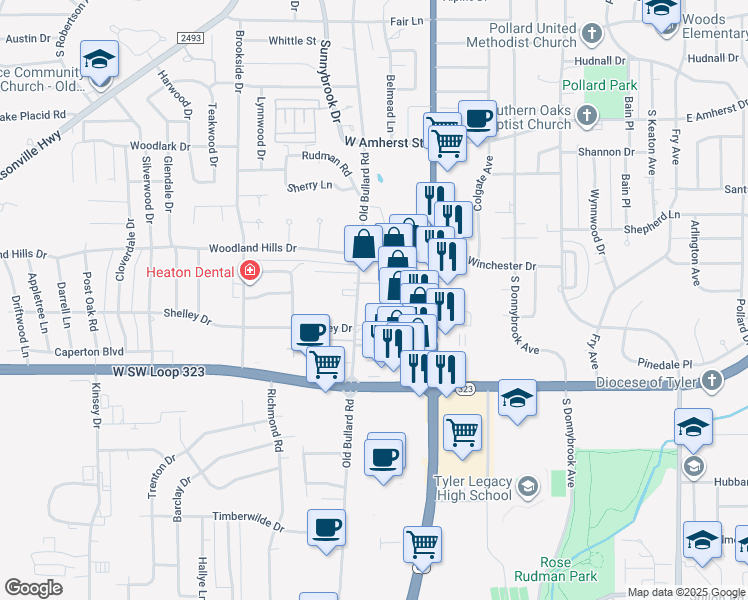 map of restaurants, bars, coffee shops, grocery stores, and more near 4037 South Broadway Avenue in Tyler