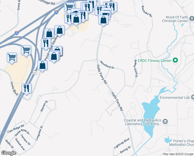 map of restaurants, bars, coffee shops, grocery stores, and more near 107 Herrod Street in Vicksburg