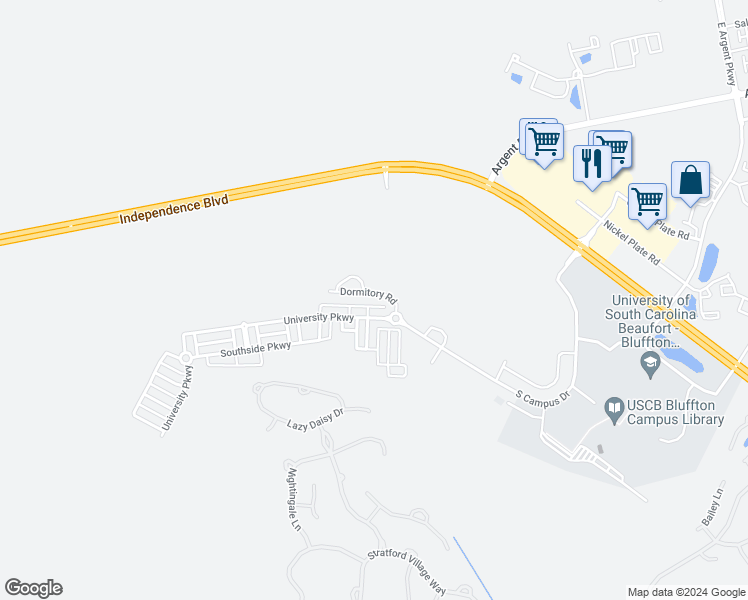 map of restaurants, bars, coffee shops, grocery stores, and more near 113 Dormitory Road in Bluffton