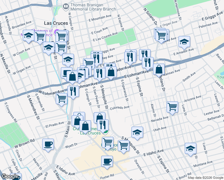 map of restaurants, bars, coffee shops, grocery stores, and more near 631 South Tornillo Street in Las Cruces