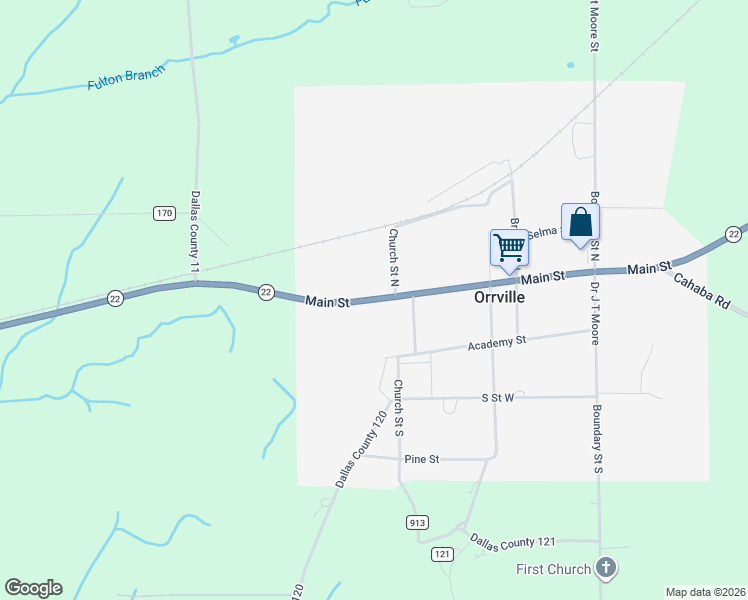 map of restaurants, bars, coffee shops, grocery stores, and more near 14885 Alabama 22 in Orrville