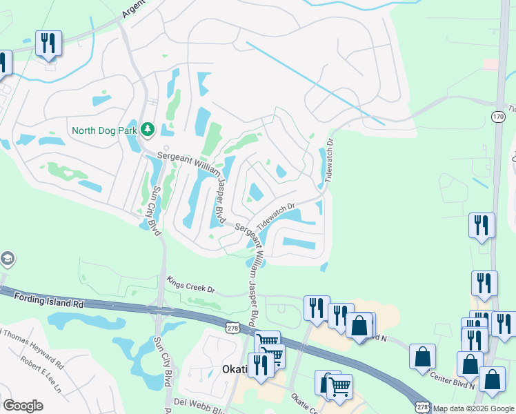 map of restaurants, bars, coffee shops, grocery stores, and more near 92 Bluff Point Lane in Bluffton