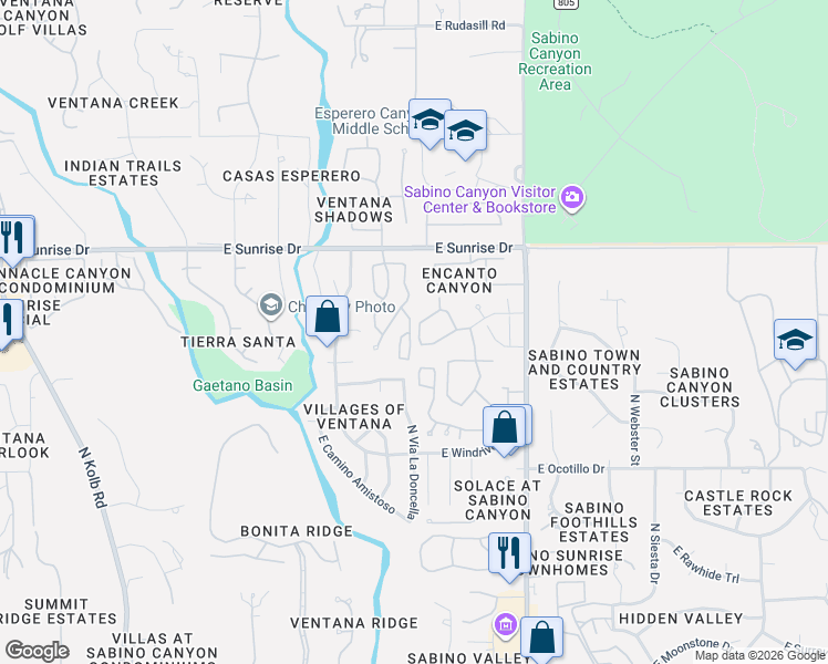 map of restaurants, bars, coffee shops, grocery stores, and more near 7668 East Dayview Circle in Tucson