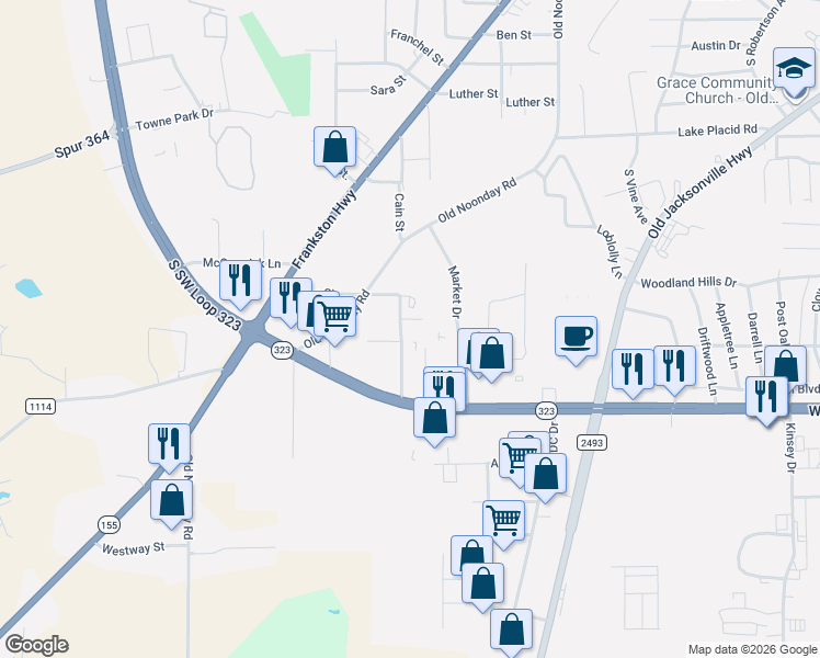 map of restaurants, bars, coffee shops, grocery stores, and more near 3900 Timms St in Tyler