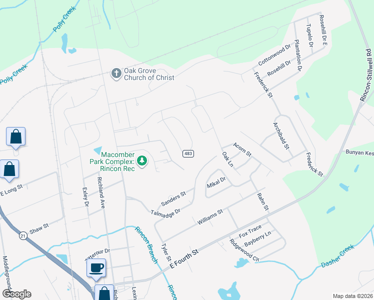 map of restaurants, bars, coffee shops, grocery stores, and more near 425 Plantation Way in Rincon