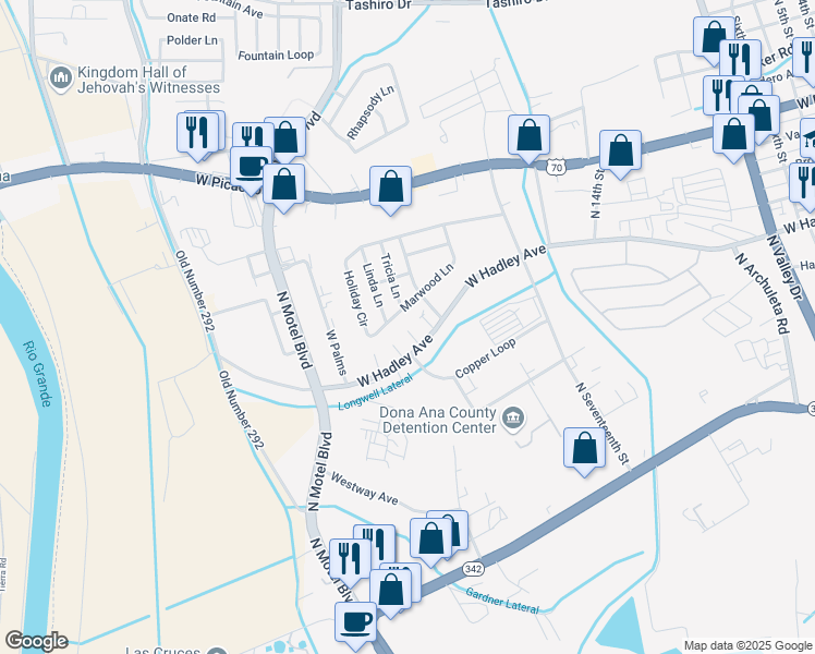 map of restaurants, bars, coffee shops, grocery stores, and more near 608 Franklin Place in Las Cruces