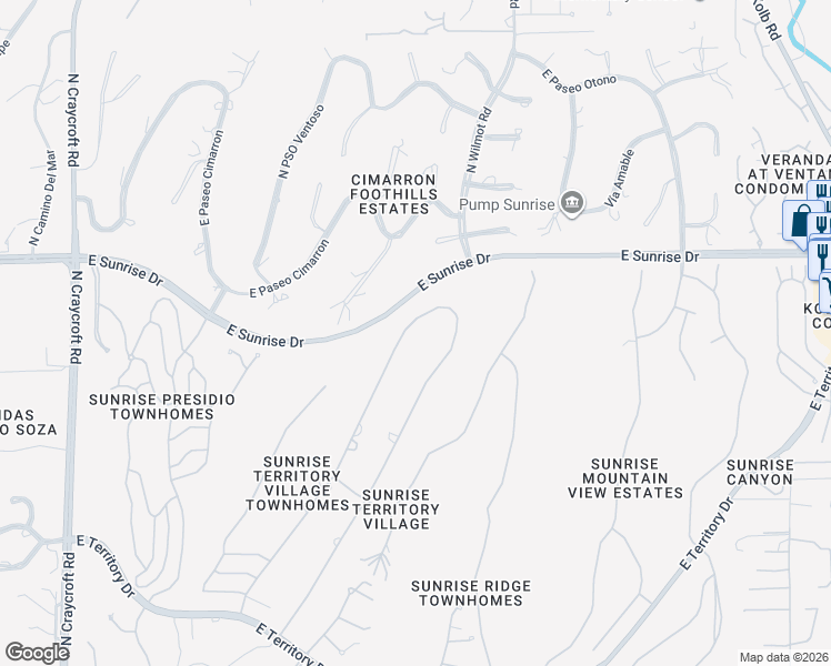 map of restaurants, bars, coffee shops, grocery stores, and more near 5430 North Apache Hills Trail in Tucson