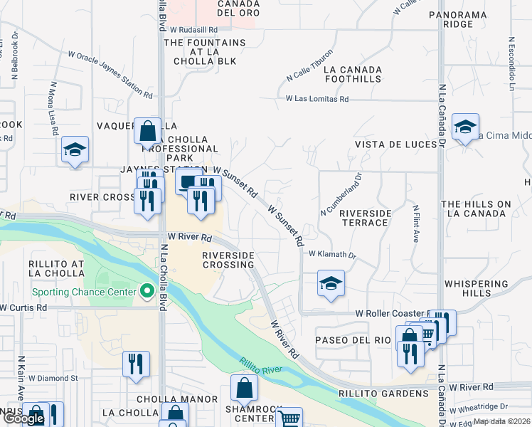 map of restaurants, bars, coffee shops, grocery stores, and more near 5448 North Mesquite Bosque Way in Tucson