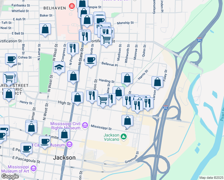 map of restaurants, bars, coffee shops, grocery stores, and more near 796 Lorraine Street in Jackson