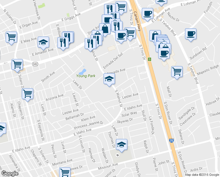 map of restaurants, bars, coffee shops, grocery stores, and more near 958 South Walnut Street in Las Cruces