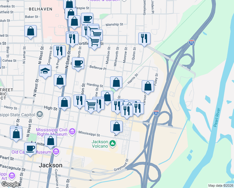 map of restaurants, bars, coffee shops, grocery stores, and more near 721 Harris Street in Jackson
