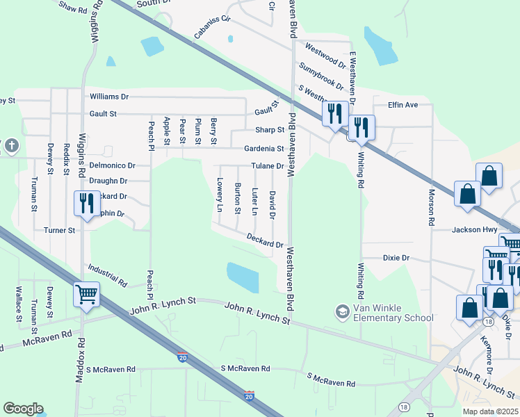 map of restaurants, bars, coffee shops, grocery stores, and more near 1525 David Drive in Jackson
