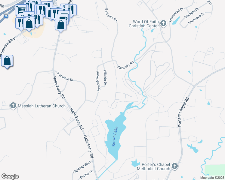map of restaurants, bars, coffee shops, grocery stores, and more near 334 Lake Hill Drive in Vicksburg