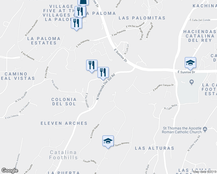 map of restaurants, bars, coffee shops, grocery stores, and more near 5500 North Hacienda Del Sol Road in Tucson