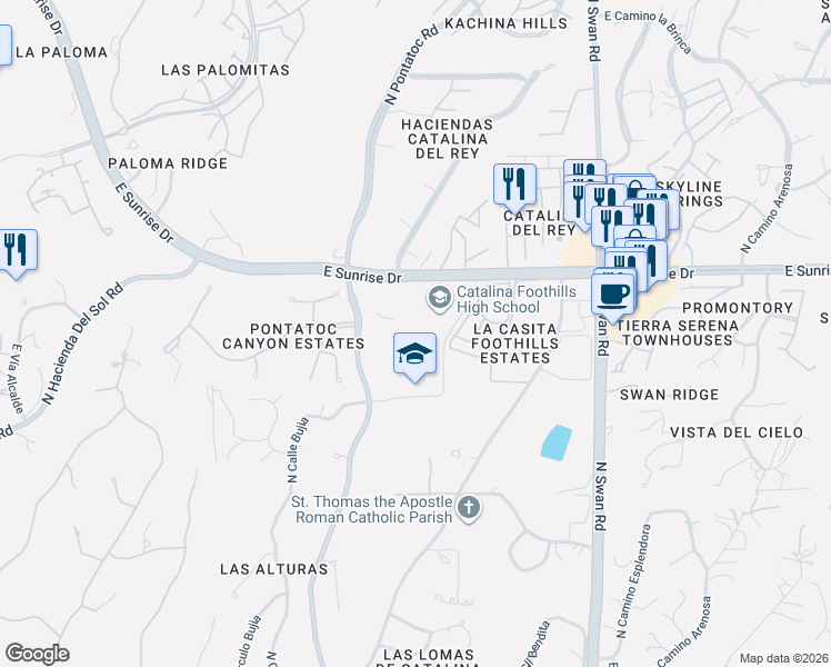 map of restaurants, bars, coffee shops, grocery stores, and more near 4300 East Sunrise Drive in Tucson