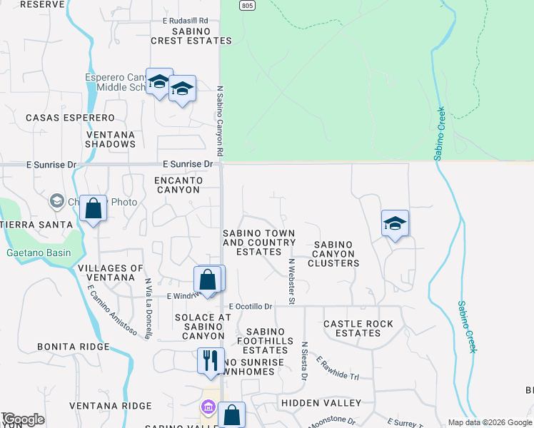map of restaurants, bars, coffee shops, grocery stores, and more near 5473 North Maguey Place in Tucson