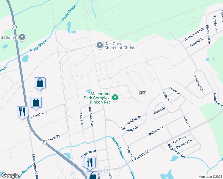 map of restaurants, bars, coffee shops, grocery stores, and more near 105 Smithfield Drive in Rincon